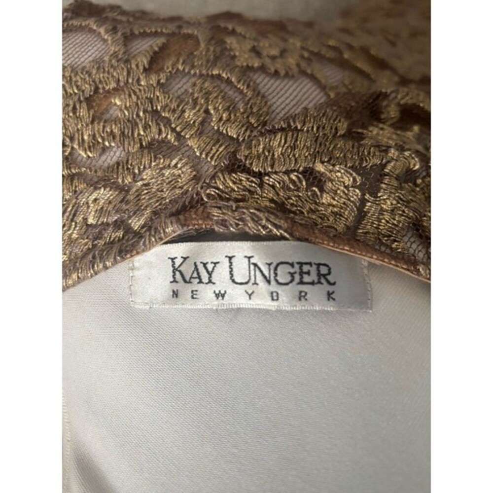 Kay Unger Gold Lace 3/4 Length Sleeve Slip Dress Cocktail Party Formal Size 8 - Picture 5 of 8